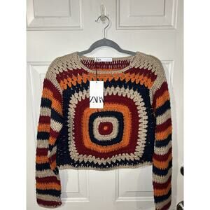 Zara Crochet Knit Crewneck Sweater Boho Chic Colorful Knit Pullover Small NWT